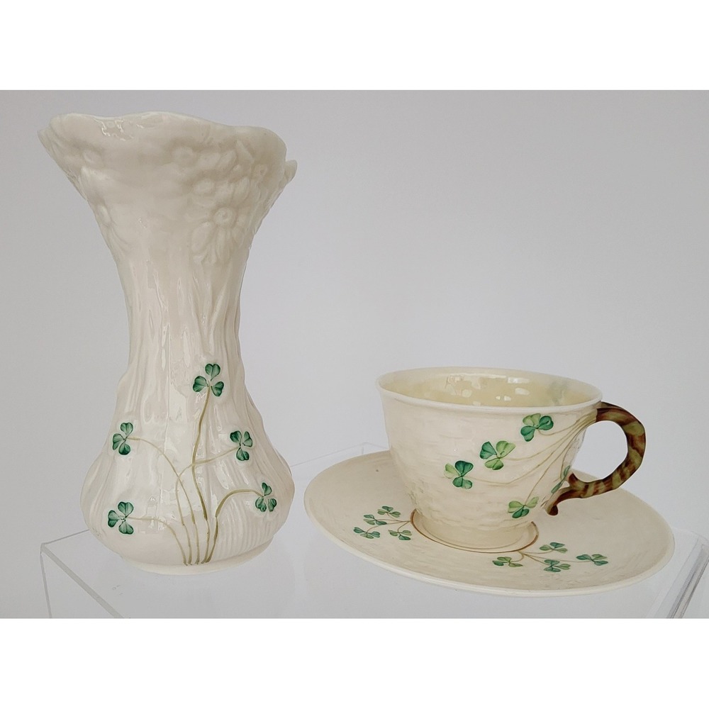 Belleek Shamrock Tea Cup Saucer Vase Basketweave Ireland Green Mark